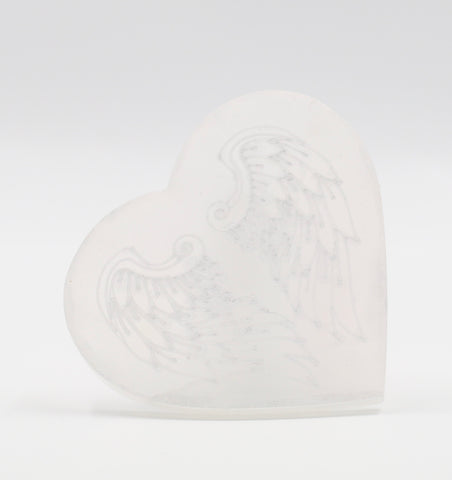 Selenite Heart Shaped Charging Plate - Engraved With Angel Wings