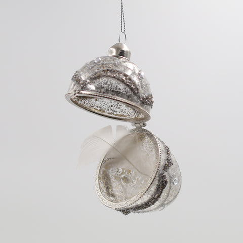 Decorated Silver Locket Bauble with White Feather