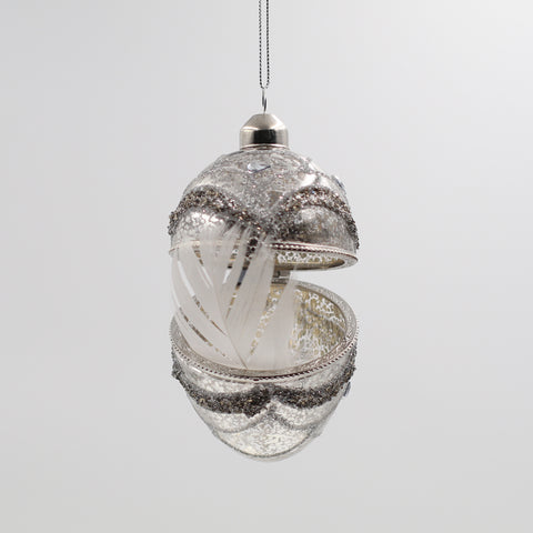 Decorated Silver Locket Bauble with White Feather