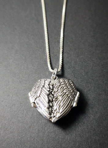 Angel Wing Locket - on 18" Box Chain (sterling silver) - Little Gift Hut