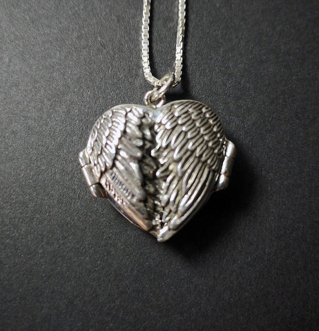 Angel Wing Locket - on 18" Box Chain (sterling silver) - Little Gift Hut